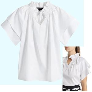NWT Ming Wang ruffle stand collar flutter sleeve cotton poplin blouse stretch